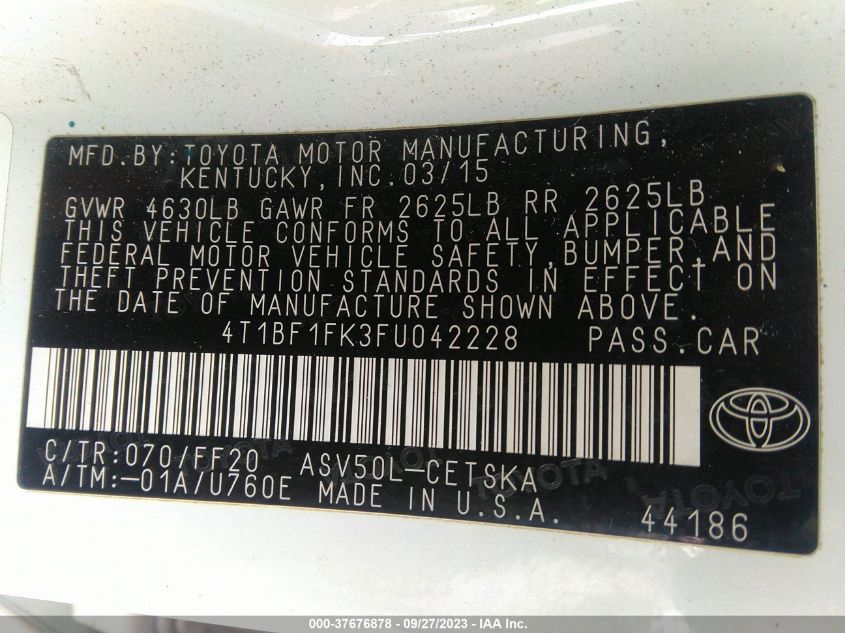 2015 TOYOTA CAMRY XLE/SE/LE/XSE - 4T1BF1FK3FU042228