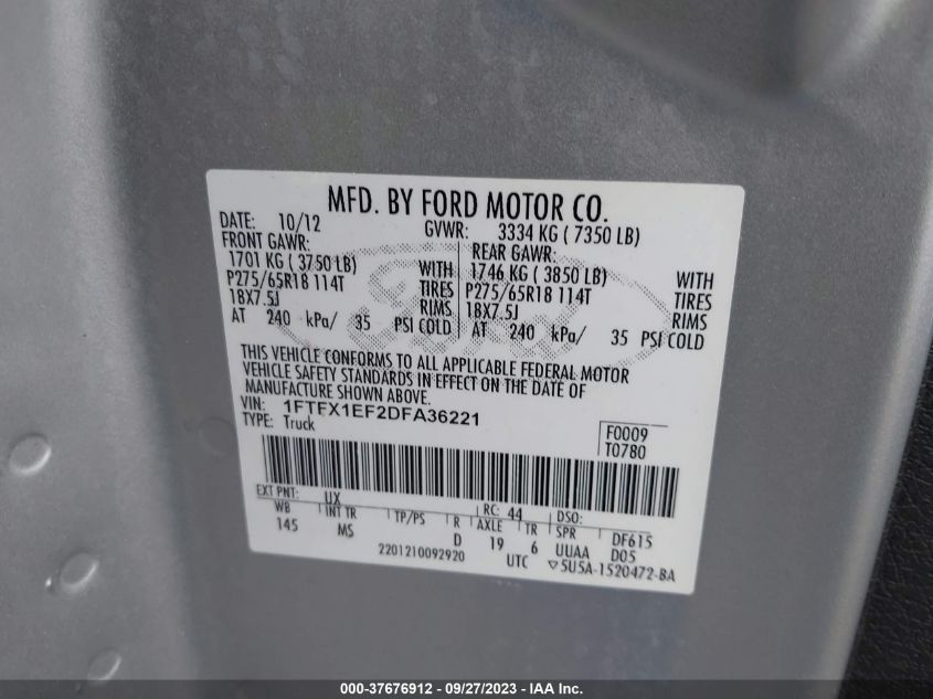2013 FORD F-150 XL/STX/XLT/FX4/LARIAT - 1FTFX1EF2DFA36221