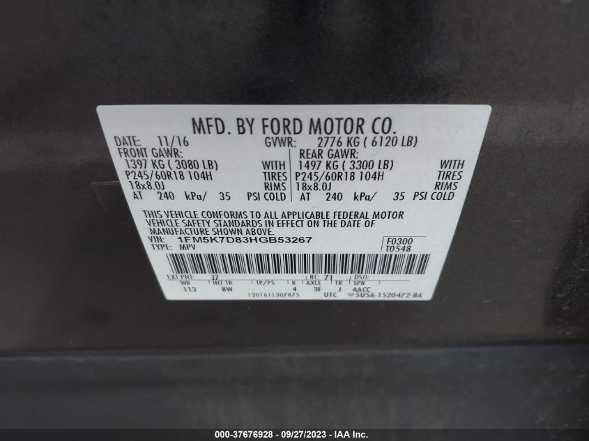 2017 FORD EXPLORER XLT - 1FM5K7D83HGB53267