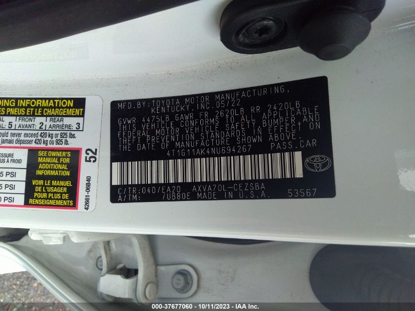 2022 TOYOTA CAMRY SE - 4T1G11AK4NU694267