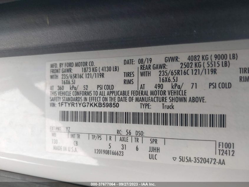 2019 FORD TRANSIT VAN - 1FTYR1YG7KKB59850