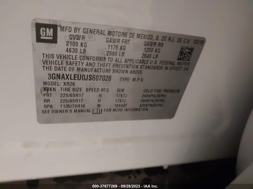 VIN 3GNAXLEU0JS607028 2018 CHEVROLET EQUINOX LT