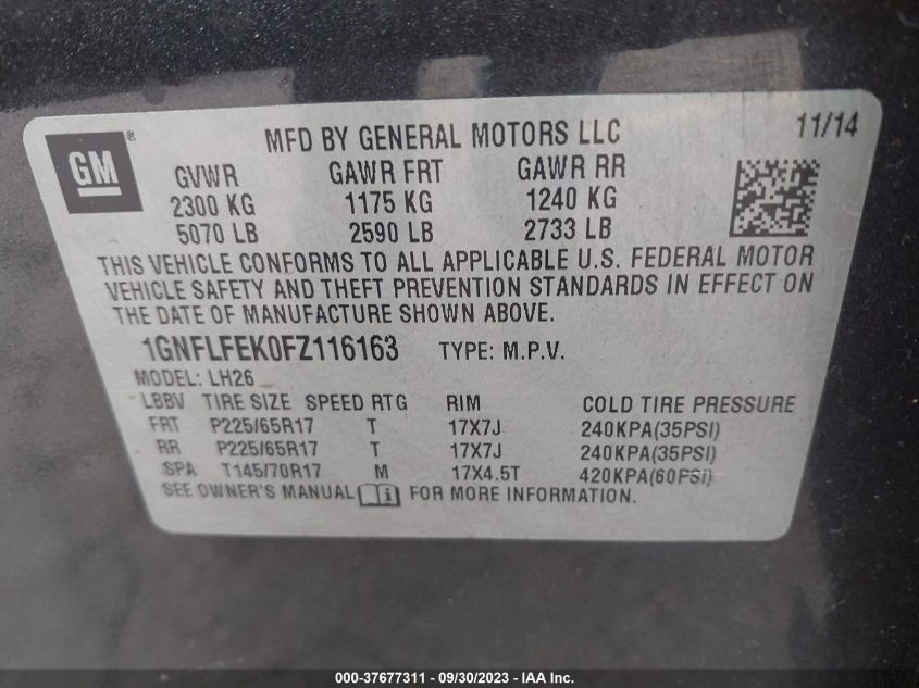 2015 CHEVROLET EQUINOX LT - 1GNFLFEK0FZ116163