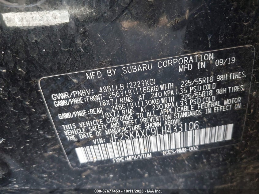 VIN JF2SKAXC9LH433106 2020 SUBARU FORESTER TOURING