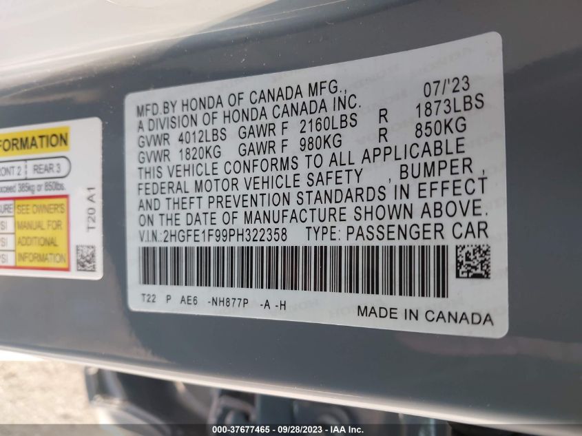 2023 HONDA CIVIC SEDAN TOURING - 2HGFE1F99PH322358