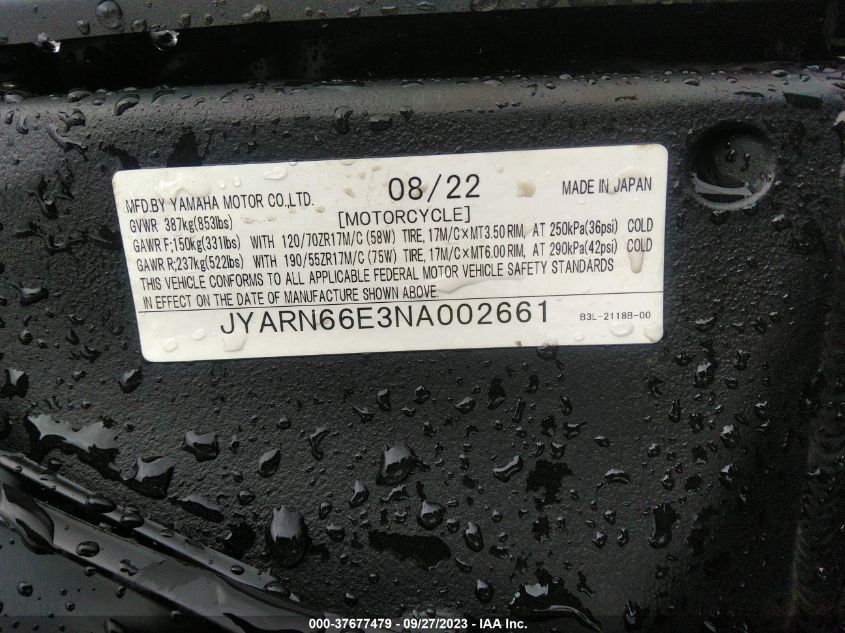 2022 YAMAHA YZFR1 JYARN66E3NA002661