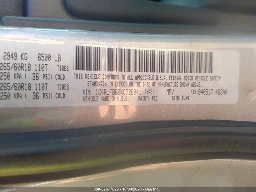 VIN 1C4RJFBG0KC726041 2019 JEEP GRAND CHEROKEE LIMITED