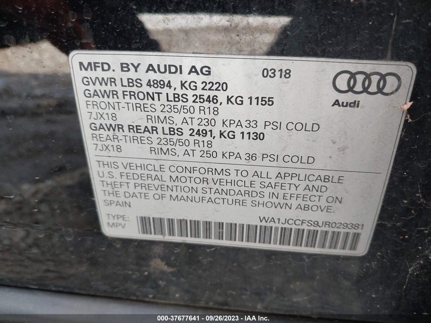 VIN WA1JCCFS9JR029381 2018 AUDI Q3 PREMIUM PLUS