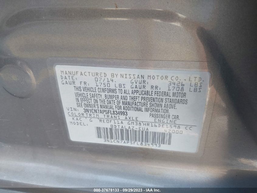 2015 NISSAN VERSA S PLUS - 3N1CN7AP5FL834993