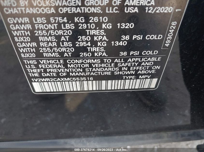 2021 VOLKSWAGEN ATLAS 3.6L V6 SE W/TECHNOLOGY - 1V2WR2CAXMC553516