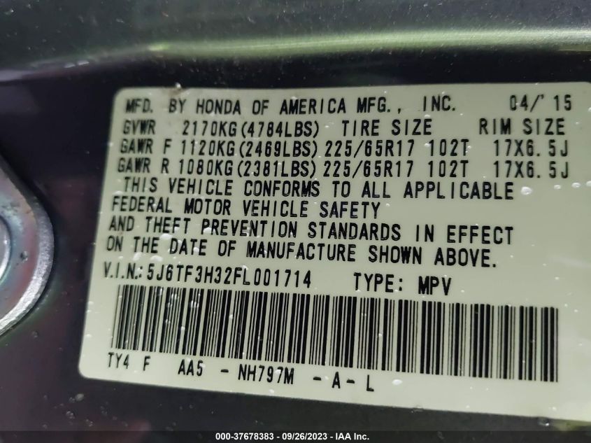 2015 HONDA CROSSTOUR EX 5J6TF3H32FL001714