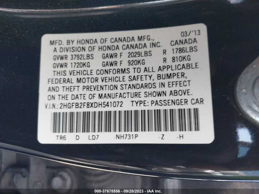 2013 HONDA CIVIC SDN EX - 2HGFB2F8XDH541072