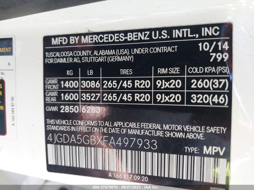 2015 MERCEDES-BENZ M-CLASS ML 400 4JGDA5GBXFA497933