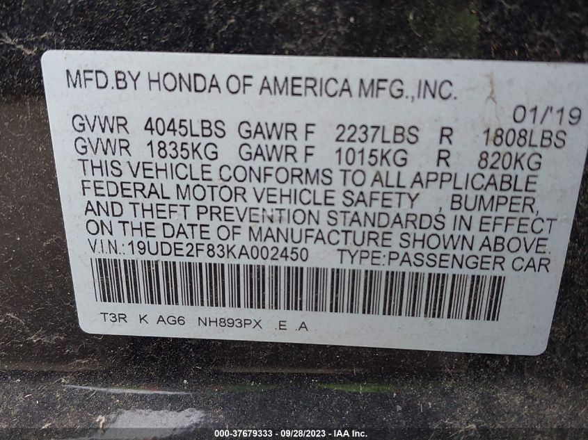 2019 ACURA ILX PKG - 19UDE2F83KA002450