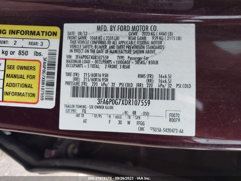 2013 FORD FUSION S - 3FA6P0G7XDR107559