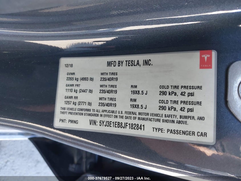 VIN 5YJ3E1EB8JF182841 2018 TESLA MODEL 3 LONG RANGE