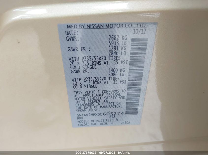 2013 NISSAN PATHFINDER PLATINUM - 5N1AR2MMXDC605274