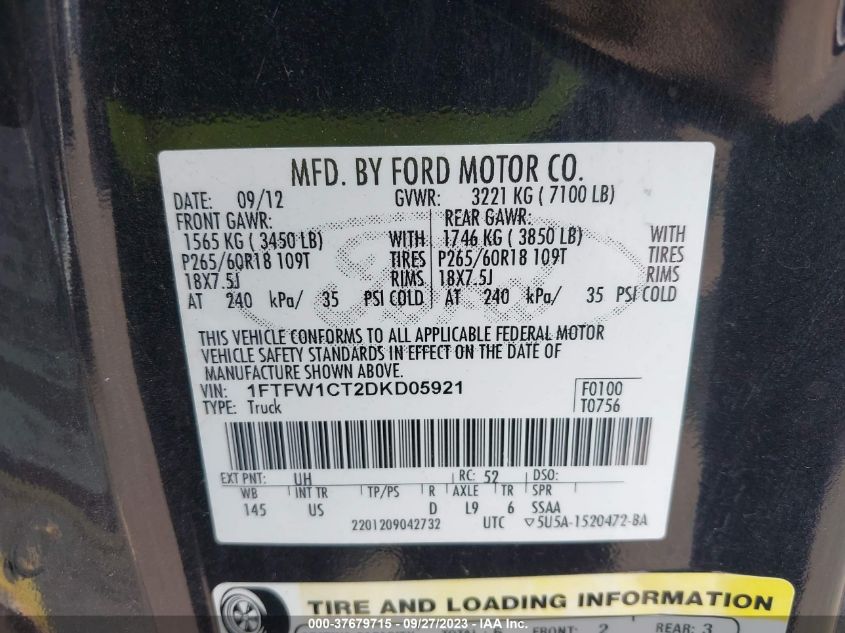 2013 FORD F-150 XL/XLT/FX2/LARIAT - 1FTFW1CT2DKD05921