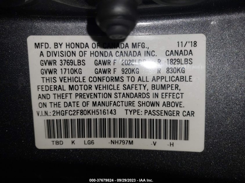 2HGFC2F80KH516143 Honda Civic Sedan SPORT 9