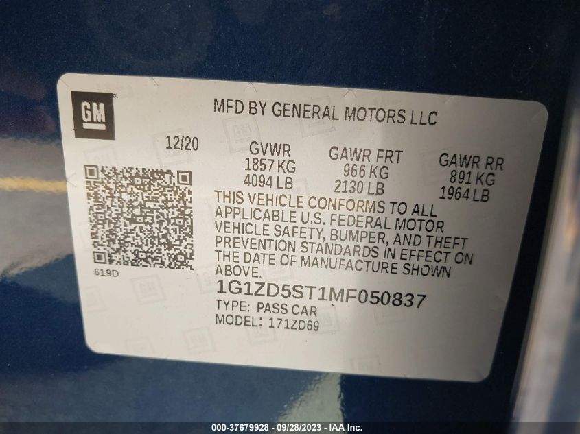 2021 CHEVROLET MALIBU LT - 1G1ZD5ST1MF050837