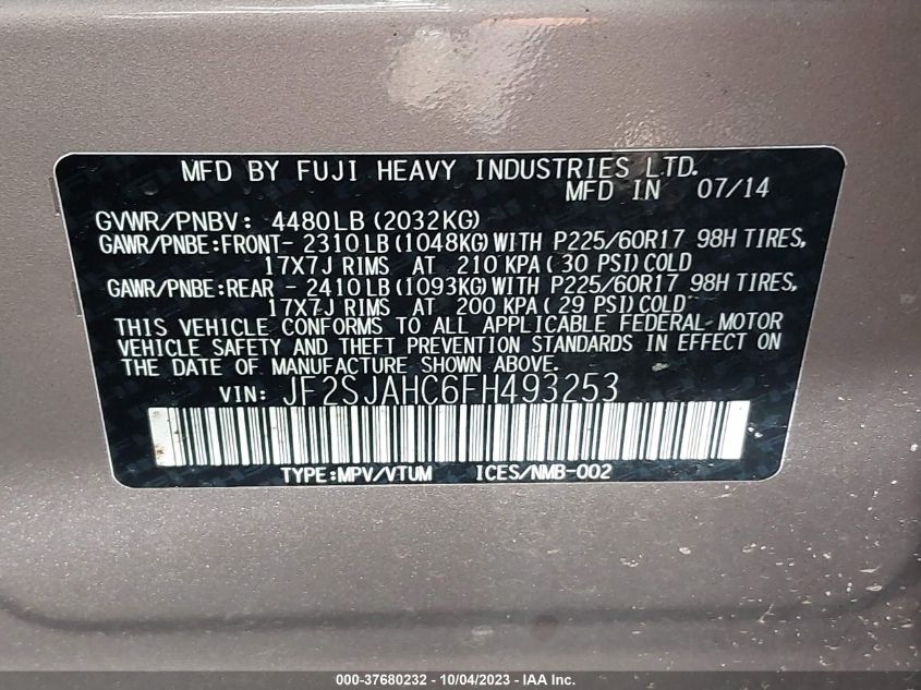 2015 SUBARU FORESTER 2.5I LIMITED - JF2SJAHC6FH493253