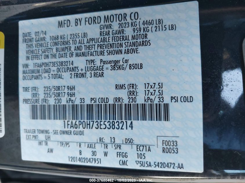 2014 FORD FUSION SE - 1FA6P0H73E5383214