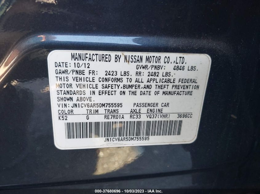 2013 INFINITI G37 SEDAN X JN1CV6AR5DM755595