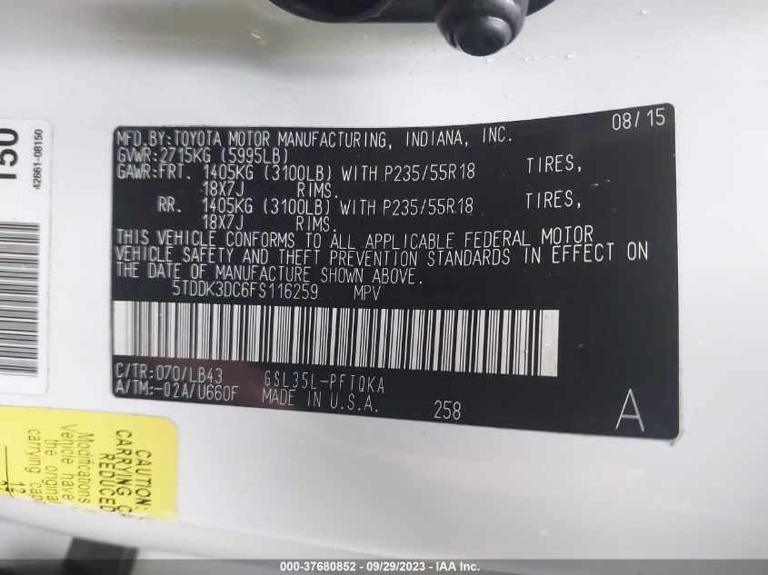 2015 TOYOTA SIENNA LTD/XLE/XLE PREMIUM - 5TDDK3DC6FS116259