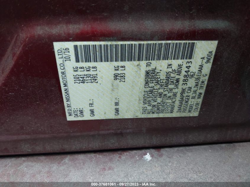 VIN 1N4AA6AP9HC388443 2017 NISSAN MAXIMA SV
