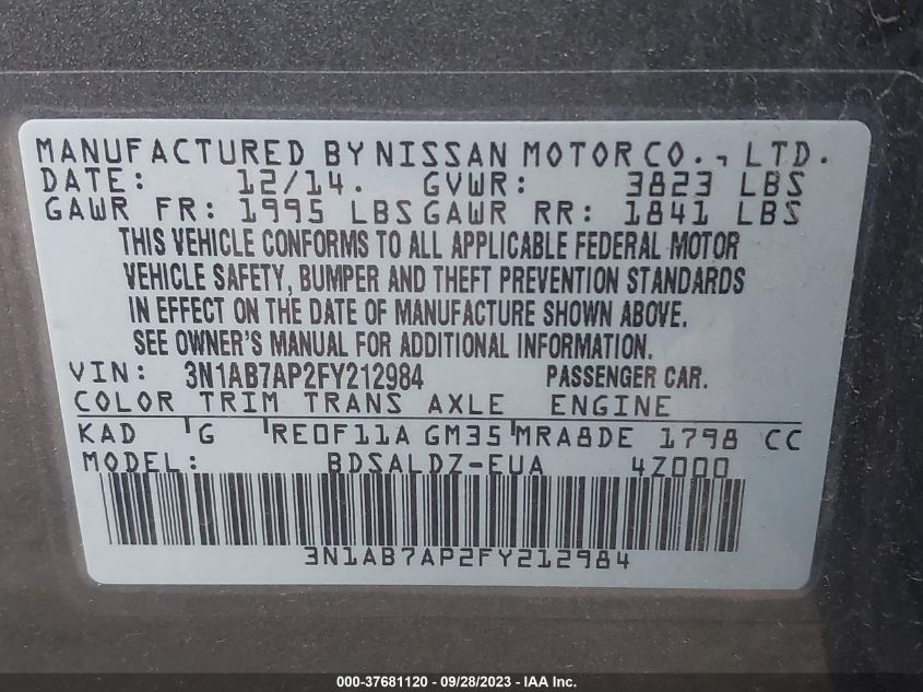 2015 NISSAN SENTRA SR/SL/S/SV/FE+ S - 3N1AB7AP2FY212984