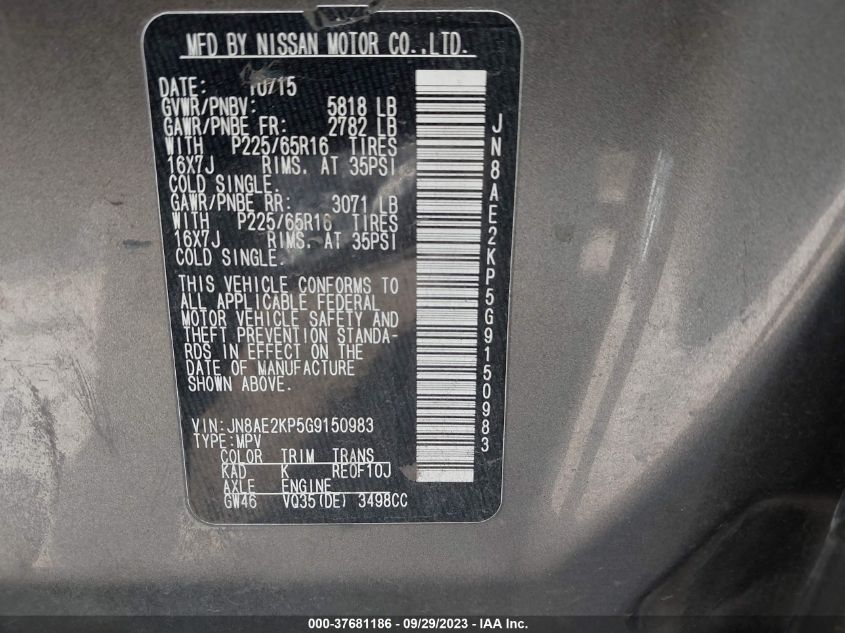 2016 NISSAN QUEST S/SV/SL/PLATINUM - JN8AE2KB5G9150983