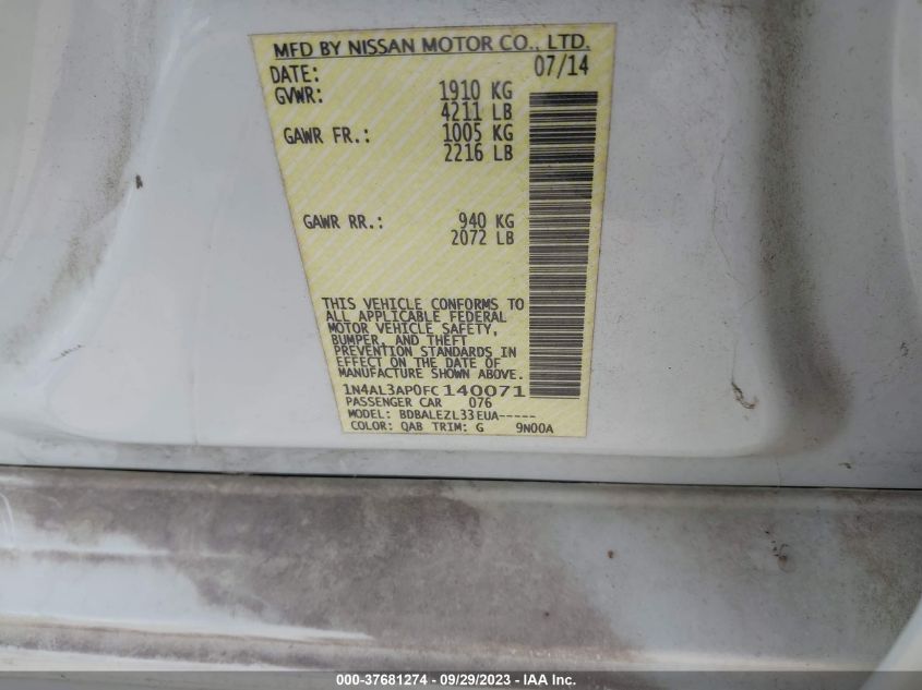 2015 NISSAN ALTIMA 2.5 S - 1N4AL3AP0FC140071