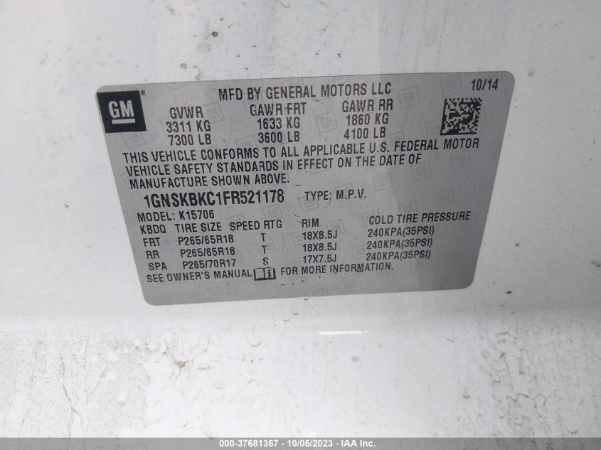 2015 CHEVROLET TAHOE LT - 1GNSKBKC1FR521178