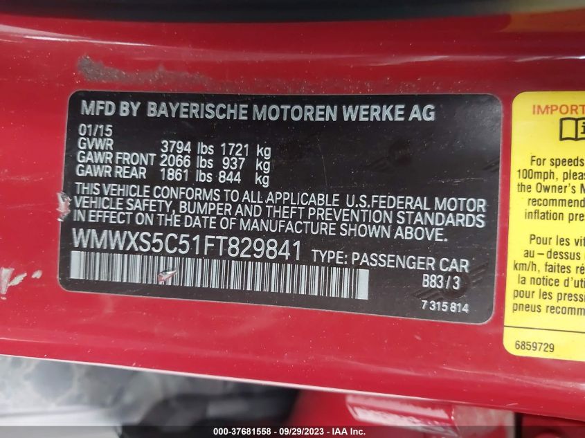 2015 MINI COOPER HARDTOP 4 DOOR WMWXS5C51FT829841