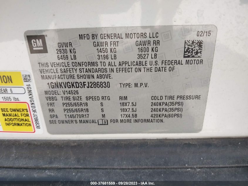2015 CHEVROLET TRAVERSE LT - 1GNKVGKD3FJ286830