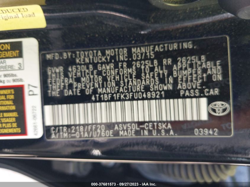 2015 TOYOTA CAMRY XLE/SE/LE/XSE - 4T1BF1FK3FU048921