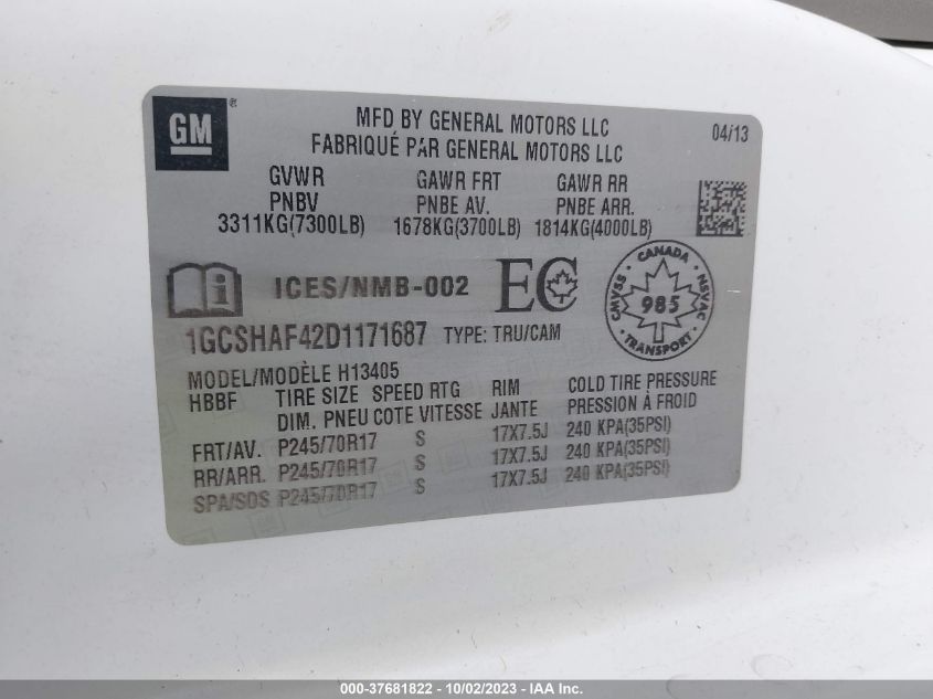 2013 CHEVROLET EXPRESS 1500 WORK VAN - 1GCSHAF42D1171687