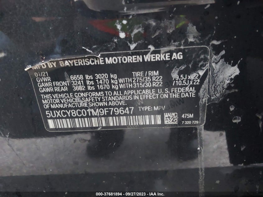 2021 BMW X6 4.4L V8   N(VIN: 5UXCY8C01M9F79647