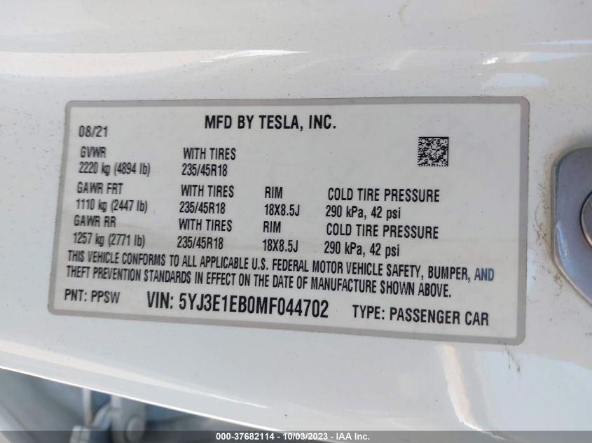 2021 TESLA MODEL 3 - 5YJ3E1EB0MF044702