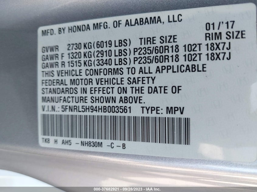 VIN 5FNRL5H94HB003561 2017 HONDA ODYSSEY TOURING
