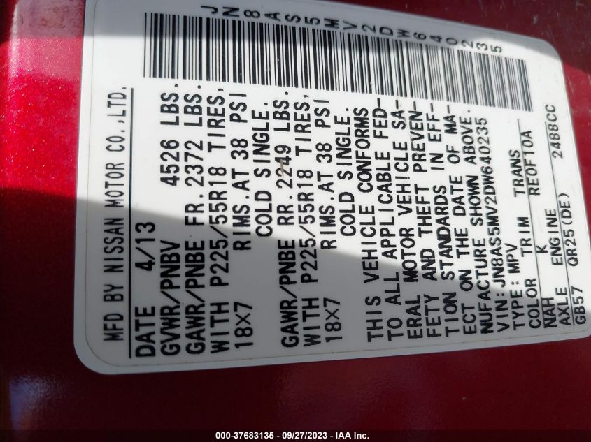 2013 NISSAN ROGUE SL - JN8AS5MV2DW640235