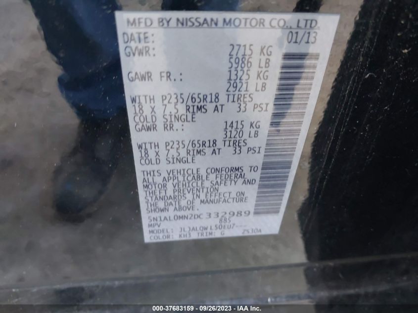 2013 INFINITI JX 5N1AL0MN2DC332989