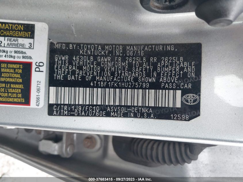 2017 TOYOTA CAMRY XLE/SE/LE/XSE - 4T1BF1FK1HU275799