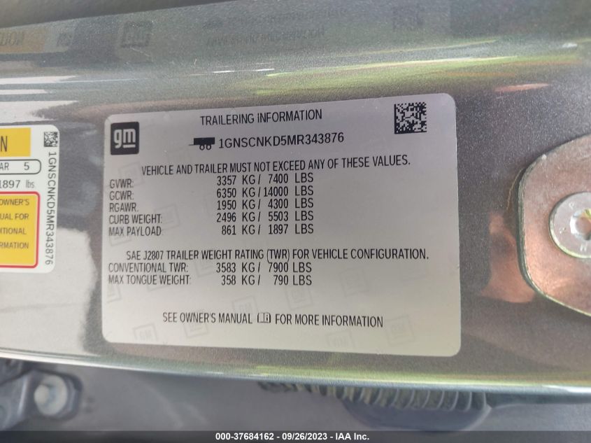 2021 CHEVROLET TAHOE LT - 1GNSCNKD5MR343876