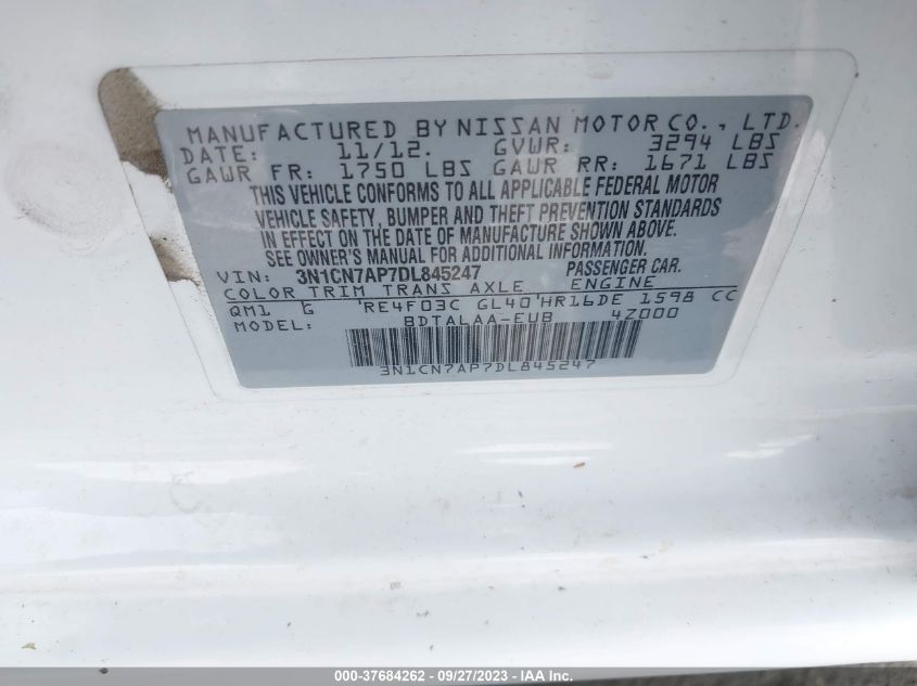 2013 NISSAN VERSA S - 3N1CN7AP7DL845247