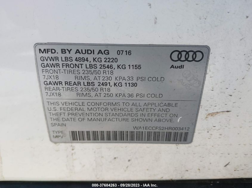 2017 AUDI Q3 PREMIUM - WA1ECCFS2HR003412