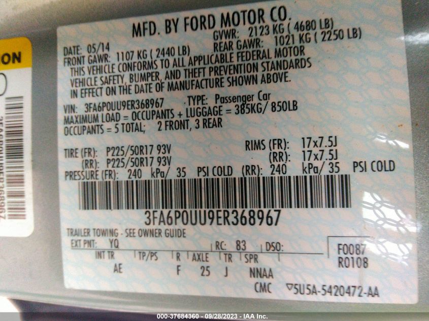 2014 FORD FUSION S HYBRID - 3FA6P0UU9ER368967