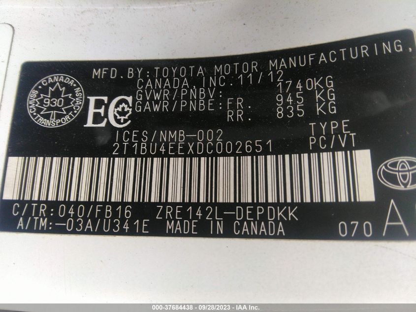 2013 TOYOTA COROLLA CE/LE/S - 2T1BU4EEXDC002651