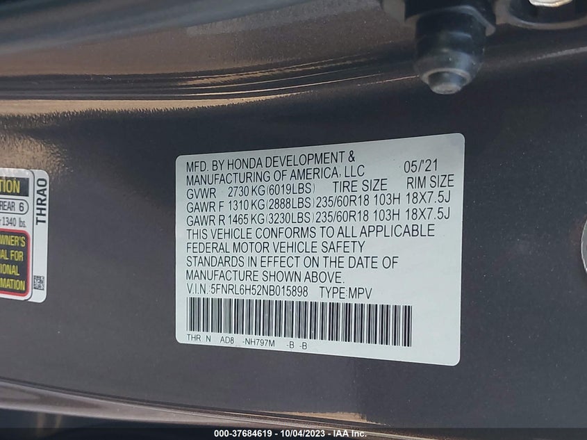 VIN 5FNRL6H52NB015898 2022 HONDA ODYSSEY EX