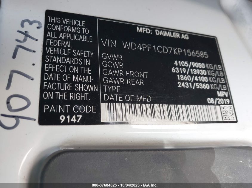 2019 MERCEDES-BENZ SPRINTER 2500 HIGH ROOF V6 WD4PF1CD7KP156585